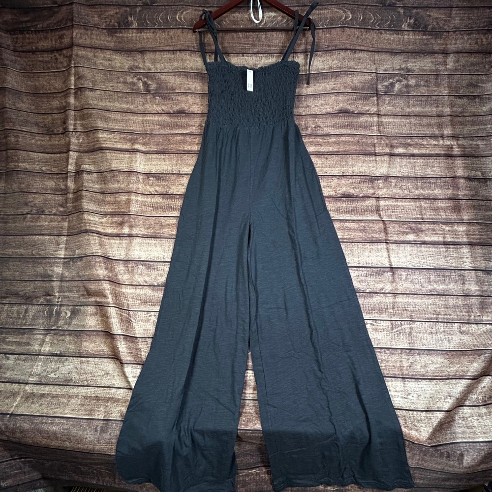 GAP Womens Smocked Wide Leg Jumpsuit Charcoal Gray Tie Strap L Tall NEW